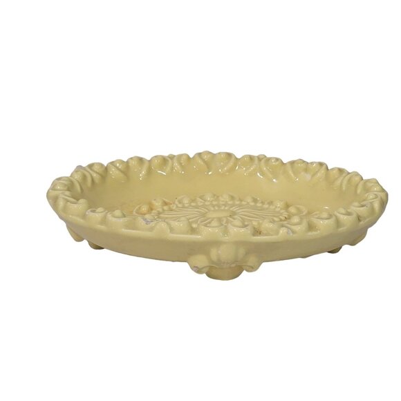 yellow Ornate Oval Footed Regency Glam Ceramic Soap Dish Trinket Tray - Picture 9 of 11